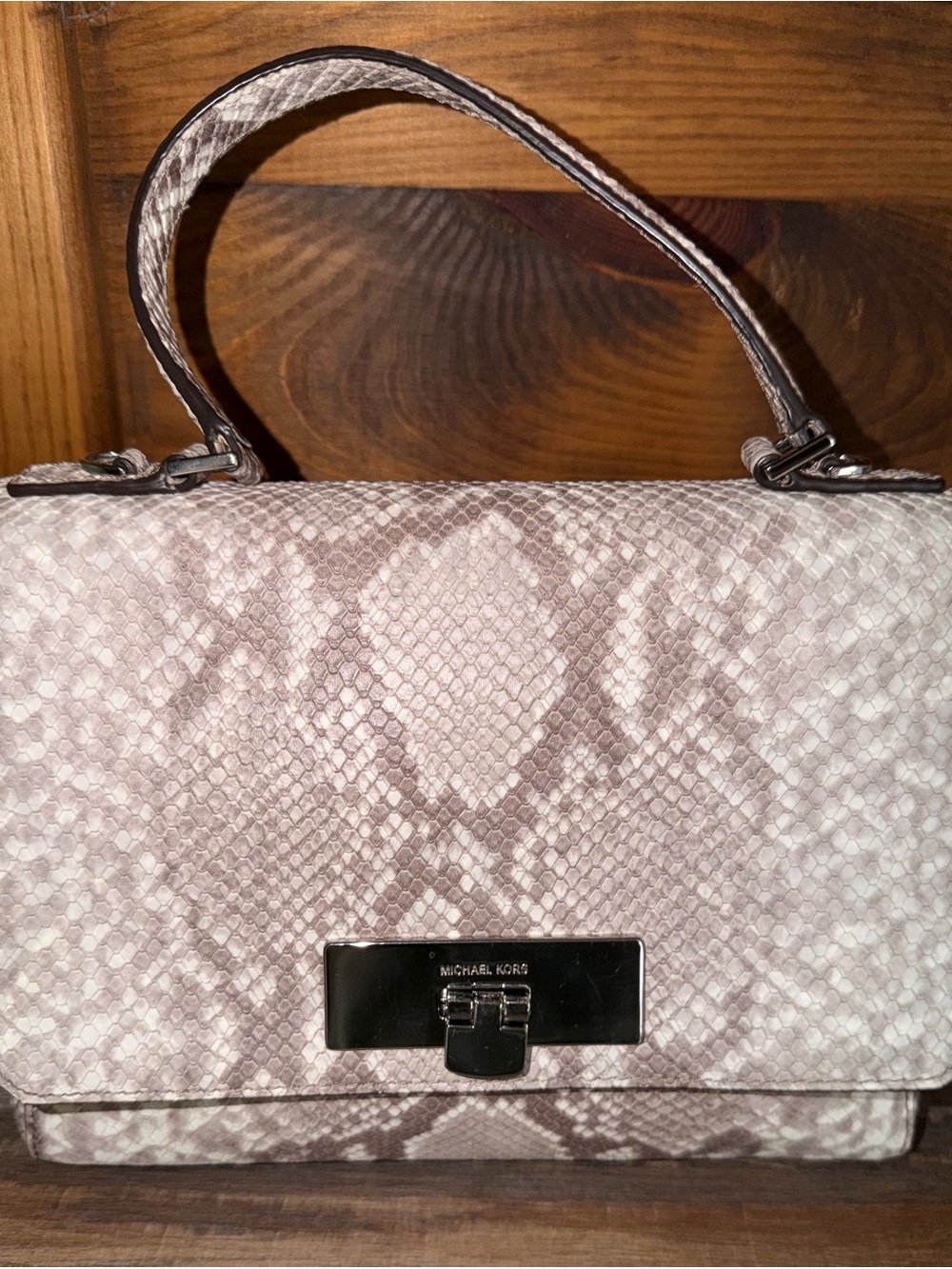 MICHAEL KORS Beige Snake-Print Leather Satchel